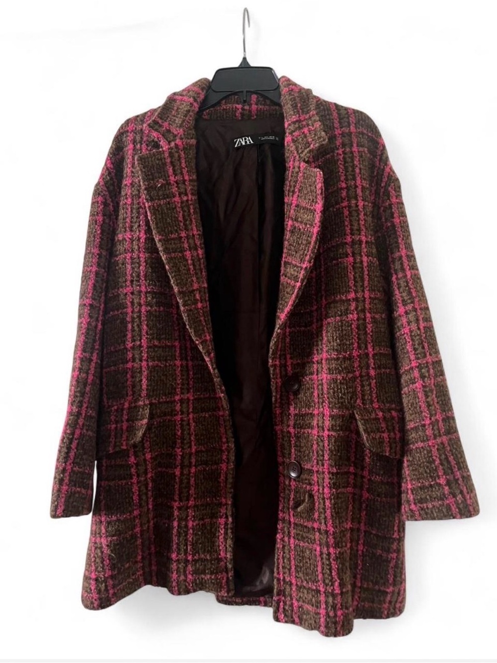 Zara Pink and Brown Plaid Wool-Blend Pea Coat - L